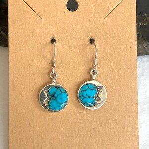 Sterling Silver 925 Dainty Round Turquoise Crescent Moon Dangle Drop Earrings